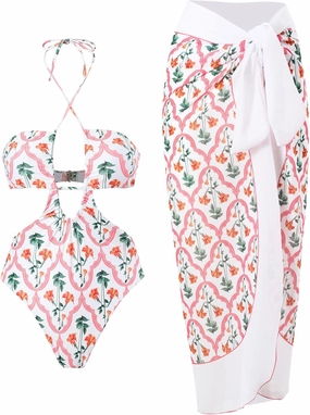 Women One Piece Swimsuit with Matching Cover Ups Floral Sexy Bikini Sets High Cut Push Up Two Pieces Bathing Suit