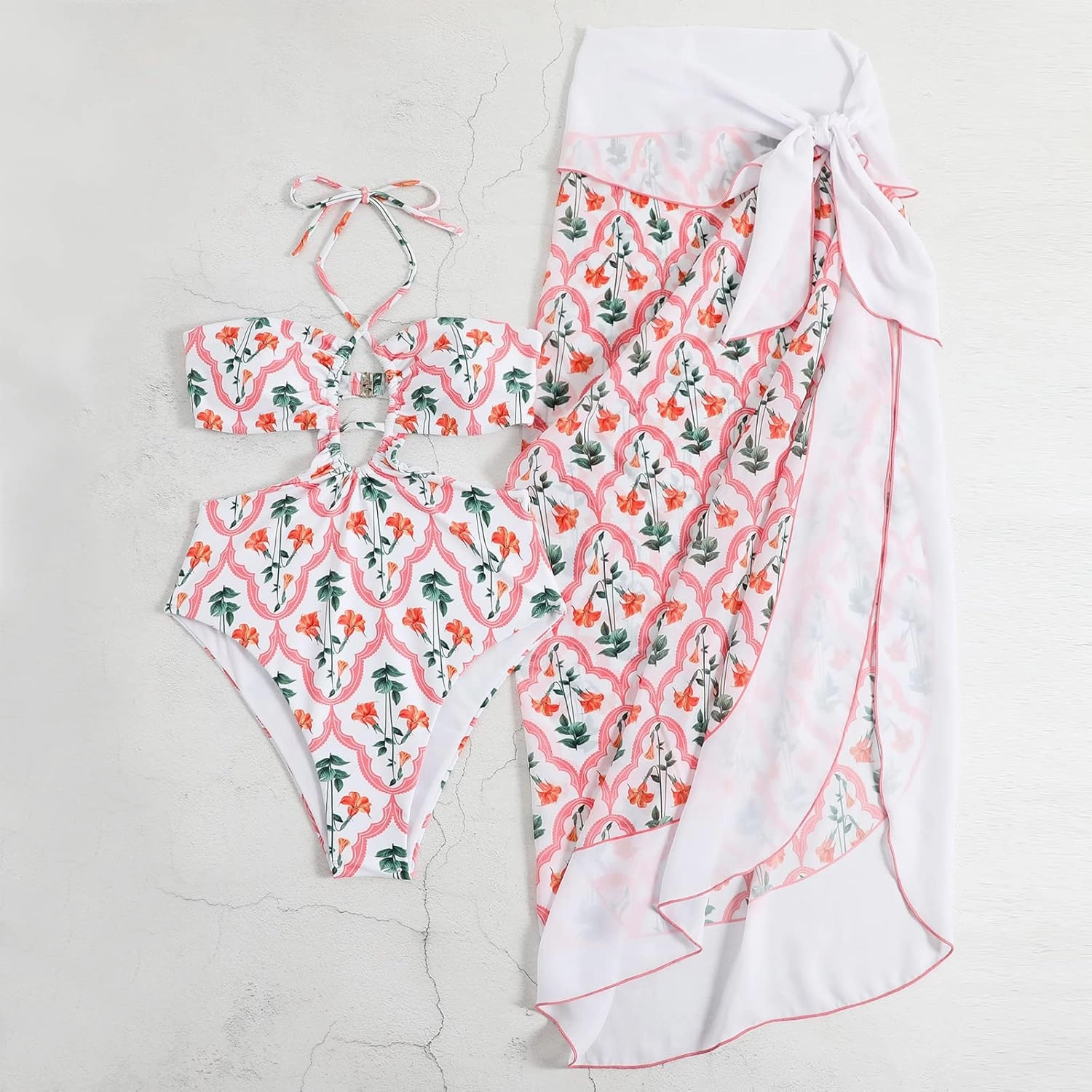 Women One Piece Swimsuit with Matching Cover Ups Floral Sexy Bikini Sets High Cut Push Up Two Pieces Bathing Suit