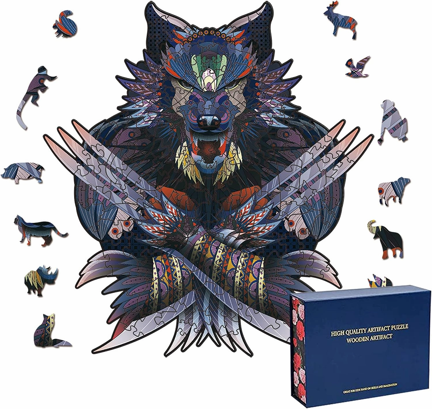 Wood Cut Puzzles, Wooden Jigsaw Puzzles, Animals Shaped Unique Wooden Puzzles for Adults and Kids, Cool Gadgets Magic Liberty Puzzles, Purple Fierce Steel Fork Wolf (Small 100 pcs)