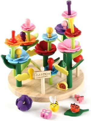 Wooden Flower Garden Building Toy Set, Educational Stacking Blocks with Colorful Flowers, Garden Sign and Insect Figures,Flower Garden Building Toys for Girls