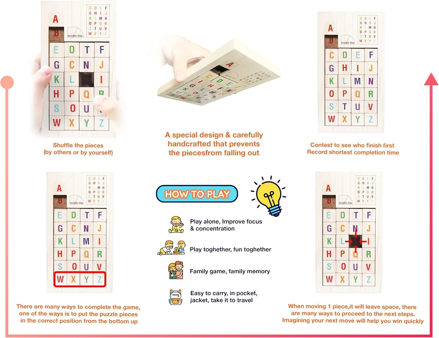 Wooden Slide Puzzles Block, Special Design Slide Blocks, Non disjoint Pieces (Alphabet)