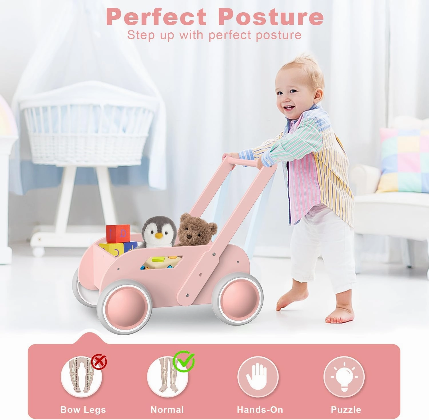 Wooden Baby Walker, Push and Pull Learning Walk Toys for Infants to Toddler, Walker with Wheels for Boys Girls, Gift for Birthday Christmas, Pink