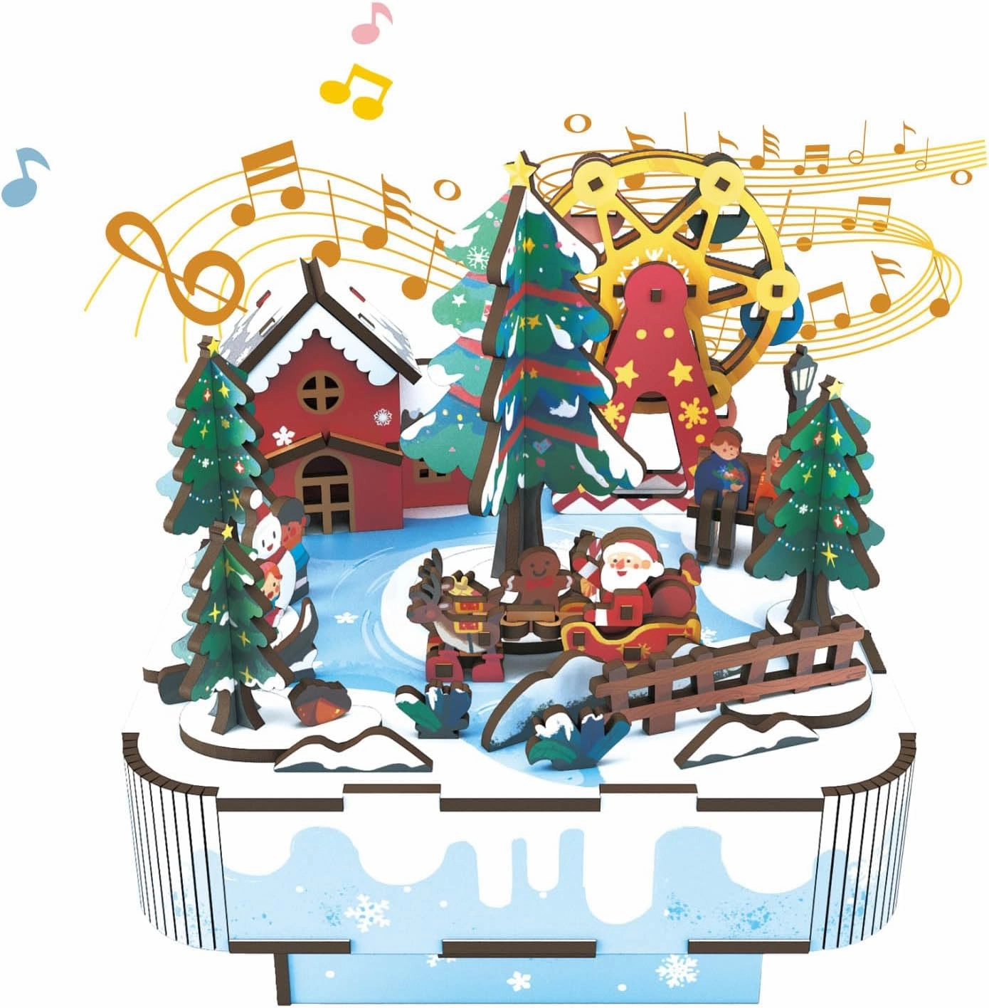 Wooden Music Box Puzzle – DIY Christmas Street View Rotating Music Box Kit, 3D Creative Musical Puzzle Craft Model, Holiday Desk Decor, for Adults, Birthday & Christmas