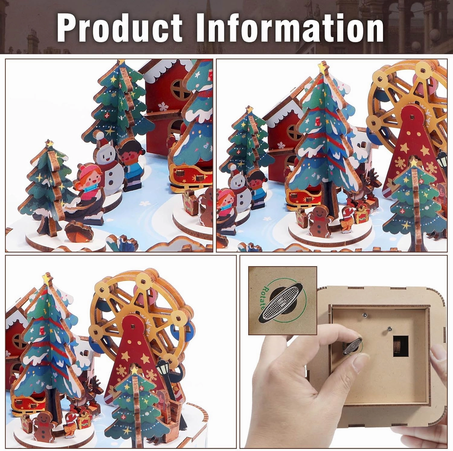 Wooden Music Box Puzzle – DIY Christmas Street View Rotating Music Box Kit, 3D Creative Musical Puzzle Craft Model, Holiday Desk Decor, for Adults, Birthday & Christmas