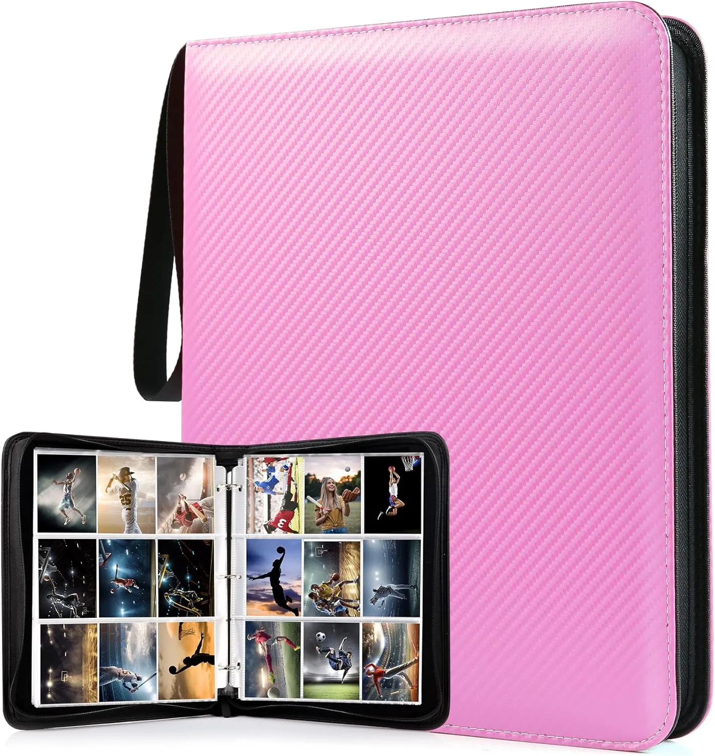 WOT I Trading Card Binder, 900 Pockets Baseball Card Binder Sleeves with Zipper, Double Sided Pockets Card Holder Carry Card Case for Baseball Card, Football Card(Pink), WO-CB-9-9