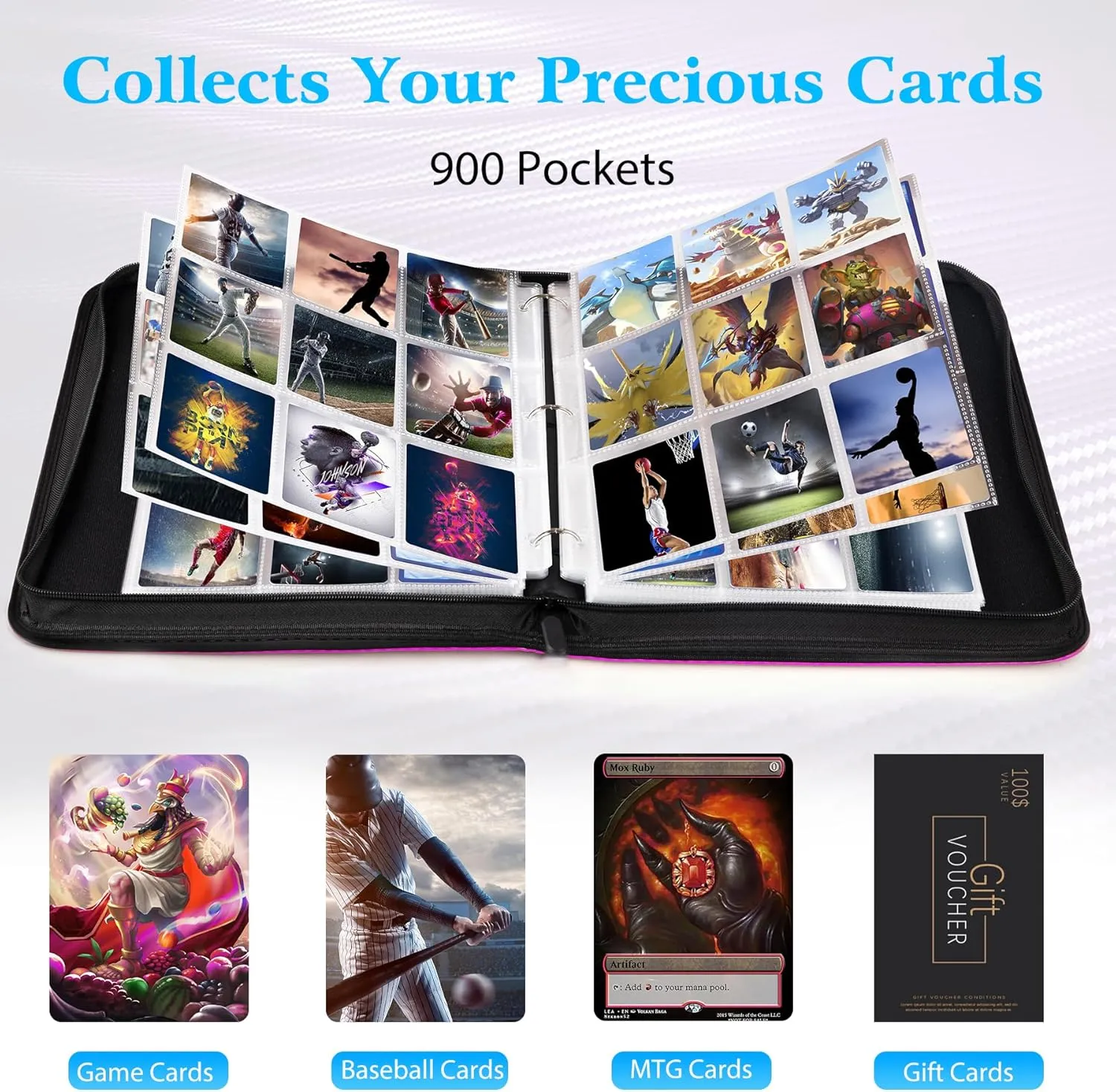 WOT I Trading Card Binder, 900 Pockets Baseball Card Binder Sleeves with Zipper, Double Sided Pockets Card Holder Carry Card Case for Baseball Card, Football Card(Pink), WO-CB-9-9