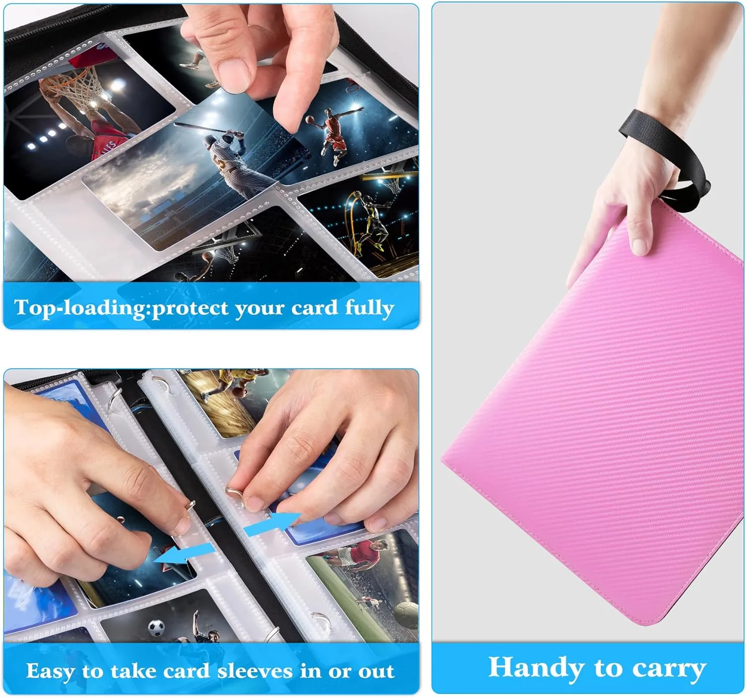 WOT I Trading Card Binder, 900 Pockets Baseball Card Binder Sleeves with Zipper, Double Sided Pockets Card Holder Carry Card Case for Baseball Card, Football Card(Pink), WO-CB-9-9