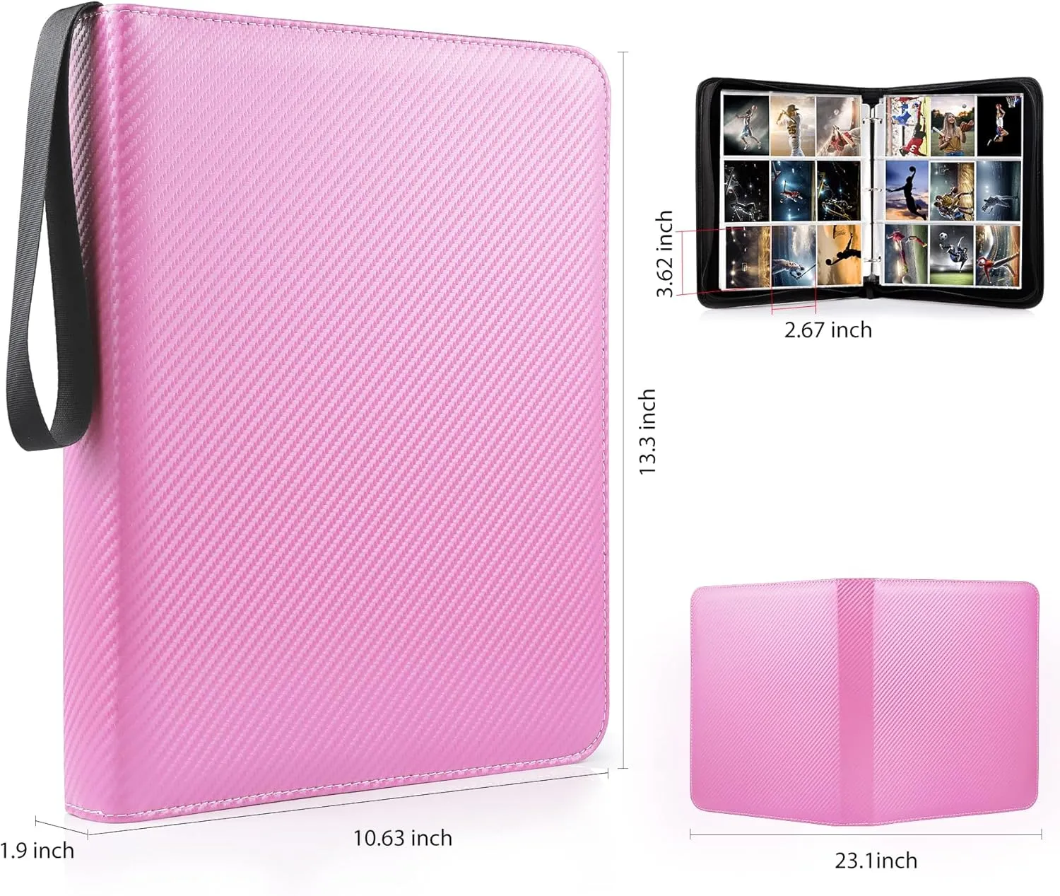 WOT I Trading Card Binder, 900 Pockets Baseball Card Binder Sleeves with Zipper, Double Sided Pockets Card Holder Carry Card Case for Baseball Card, Football Card(Pink), WO-CB-9-9
