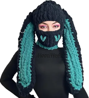XKCL Knit Plush Bunny Hat - Fluffy Long Ears Cosplay Party Hat (Black Dark Green)