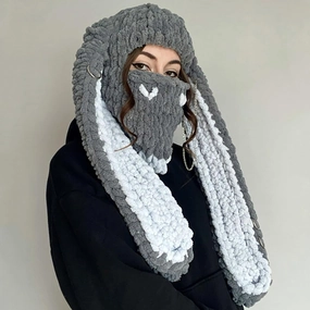 XKCL Bunny Hat - Funny Knit Plush Hat with Long Fluffy Ears, Cosplay Party Hat (Grey White)