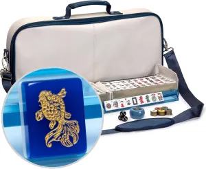 Yellow Mountain Imports American Mahjong Set, Koi Fish with Soft White Leatherette Case, Four Acrylic All-in-One Racks with Pushers, Wind Indicator, Dice, and Wright Patterson Count Scoring Coins