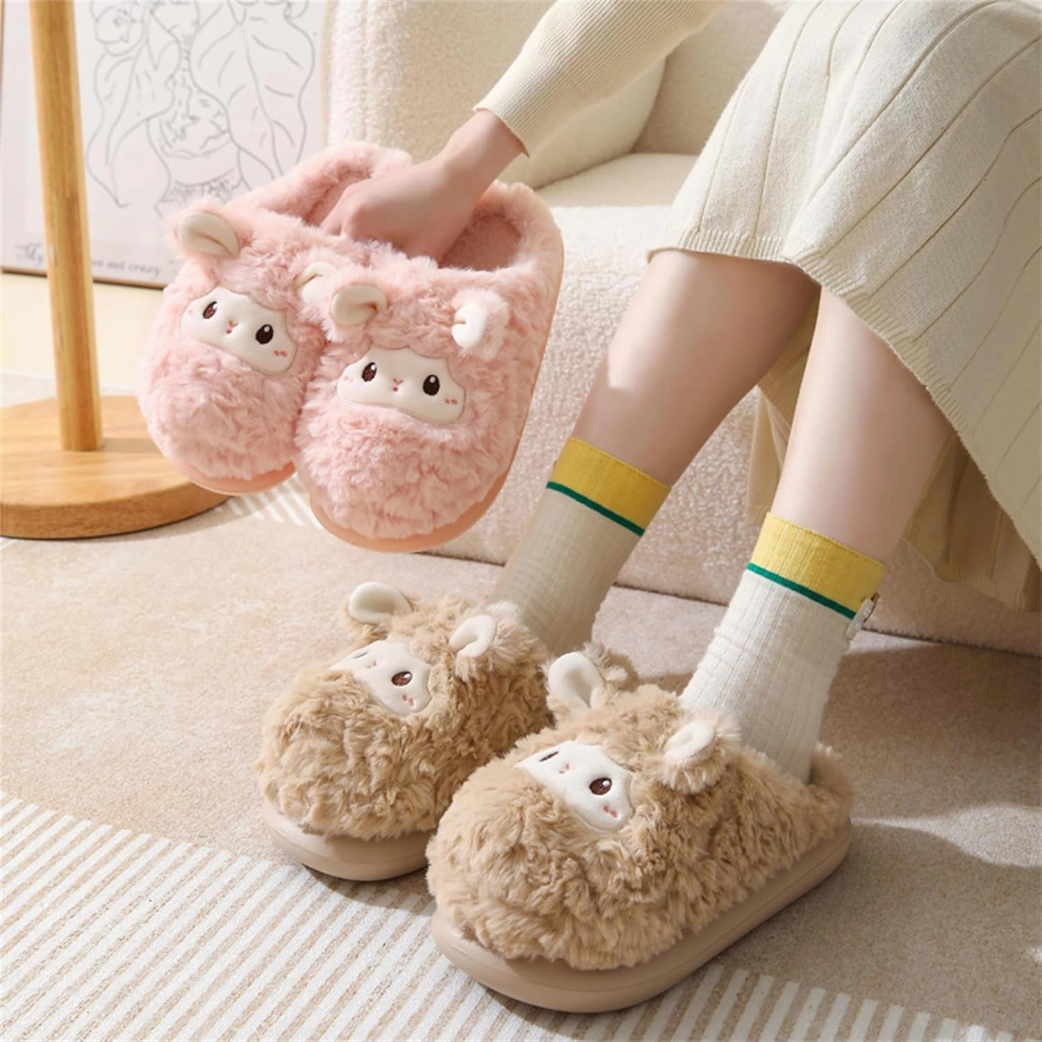 YILANLAN Animal Slippers for Women - Cute Sheep Cozy Winter Plush Soft Adult Home Cotton Slippers