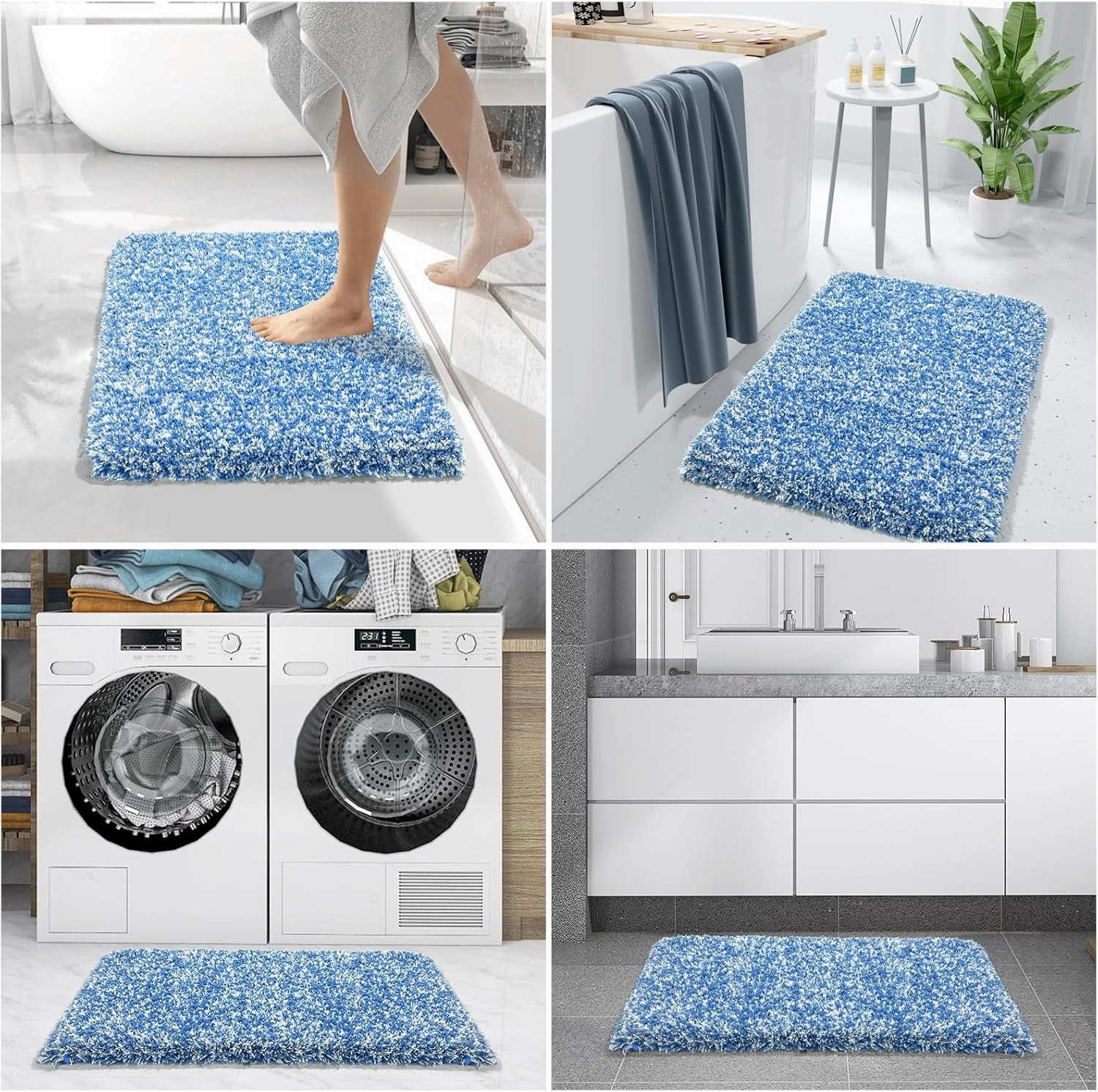 Yimobra Bath Rugs for Bathroom 32x20, Ultra Soft and Water Absorbent Bath Mats, Non Slip Plush Shower Mat Outside, Microfiber Thick Matts for Bathroom Floor/Tub, Machine Washable, Blue and White