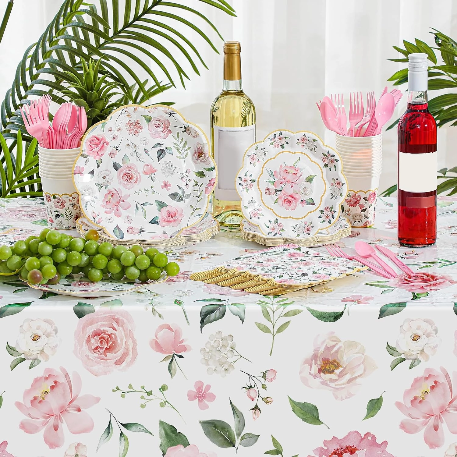 Yungyan 194 Pcs Floral Party Supplies Pink Floral Scalloped Plates and Napkins Tablecloth Cups Bridal Shower Disposable Tableware Set for Wedding Birthday Baby Shower Tea Party Decoration