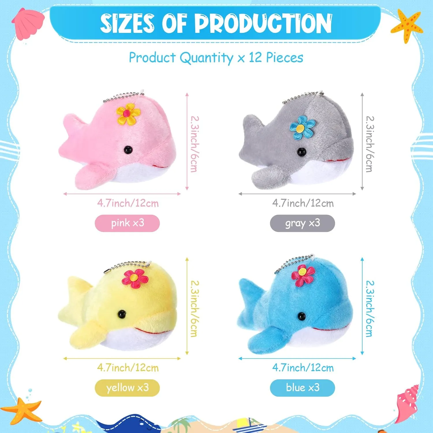Zomiboo 12 Pcs Mini Animal Plush Toys Dolphin Sea Turtle Stuffed Animals Small Tiny Ocean Mini Plush Toys for Keychain Decoration Baby Xmas Bag Fillers Stocking Stuffs(Dolphin)
